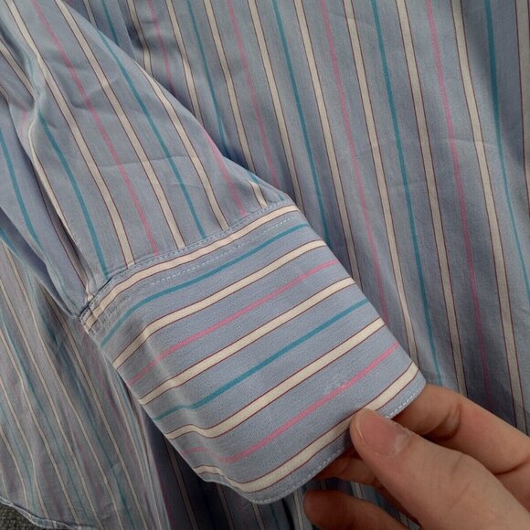 Faconnable Long Sleeve Button Up Shirt Women Size 14 Blue Pink Striped Cotton - Picture 16 of 16